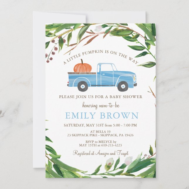  Blue Truck Little PUMPKIN Boy BABY SHOWER Invitation (Front)