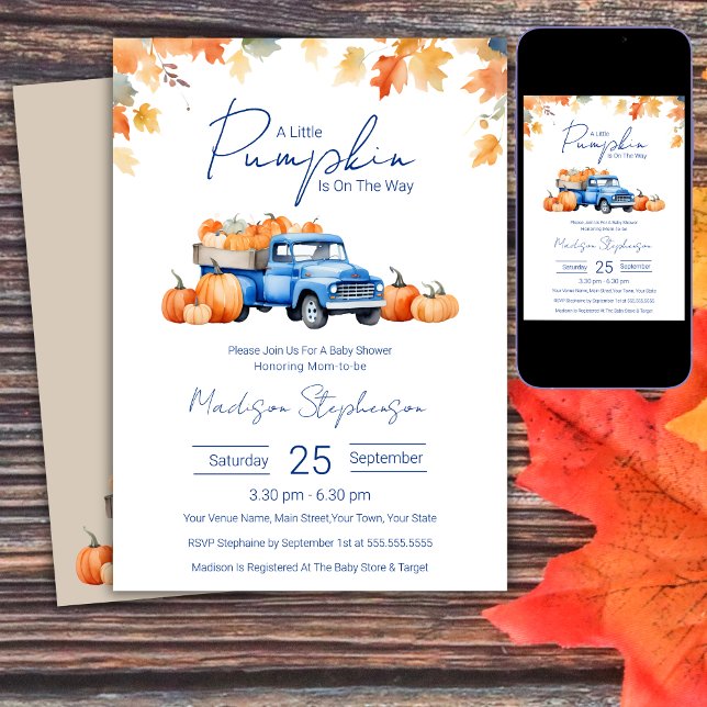 Blue Truck & Little Pumpkin on The Way Baby Shower Invitation (Creator Uploaded)