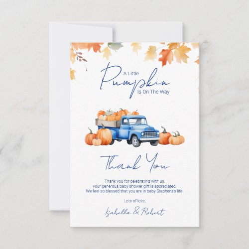 Blue Truck Little Pumpkin on The Way Baby Shower  Thank You Card