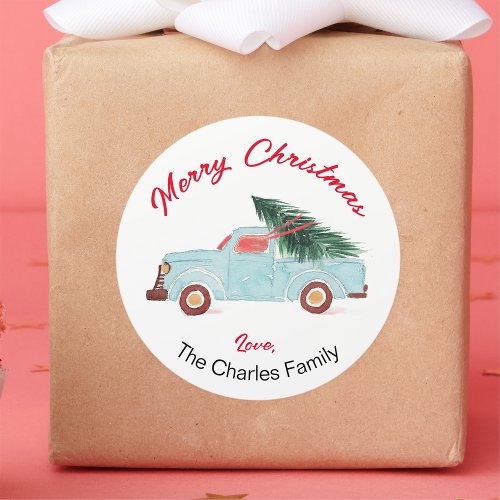 Blue Truck Merry Christmas Round Stickers