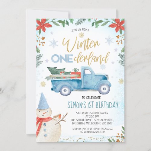 Blue Truck Poinsettia Winter Onederland Birthday Invitation