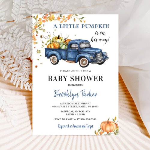 Blue Truck Pumpkin Baby Shower Invitation