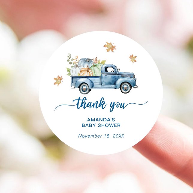 Blue Truck Pumpkin Baby Shower Thank You Classic Round Sticker (Creator Uploaded)