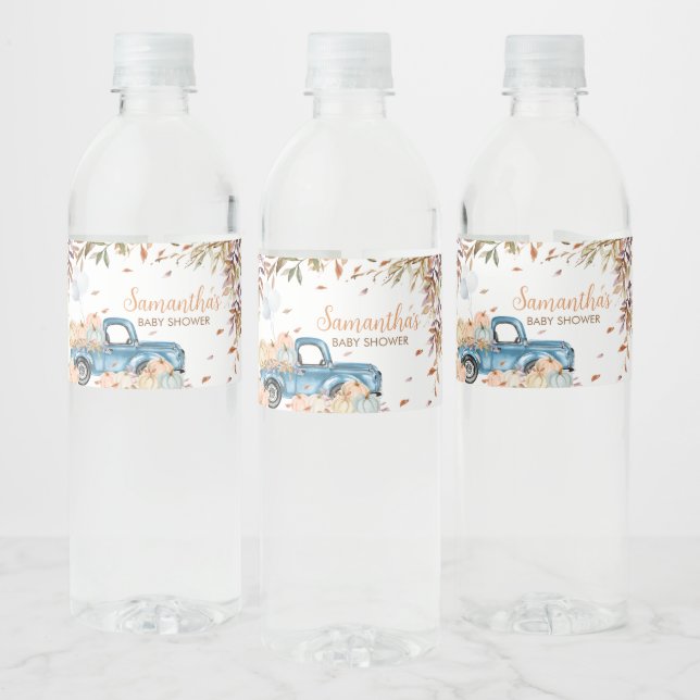 Blue Truck Pumpkin Baby Shower  Water Bottle Label (Bottles)