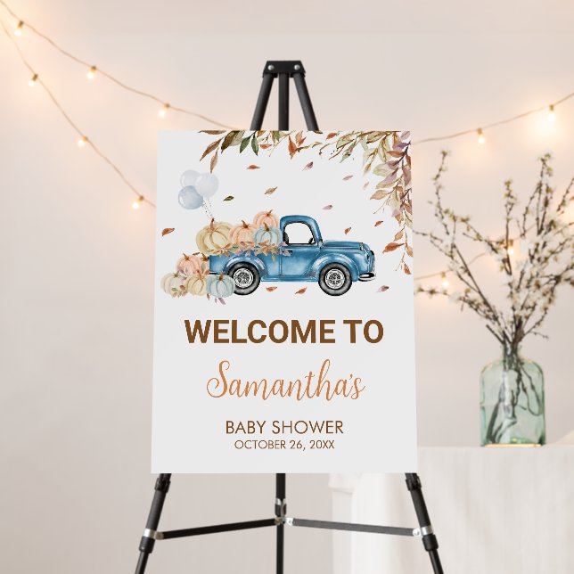 Blue Truck Pumpkin Baby Shower Welcome Sign (In Situ (Stand))
