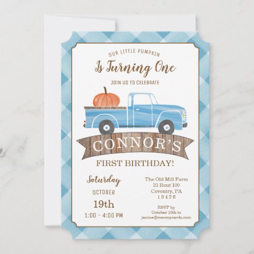 Blue Truck PUMPKIN Birthday Fall 1st Birthday Invi Invitation