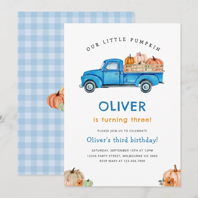 Blue Truck & Pumpkin Fall Farm Birthday Invitation (Front/Back)