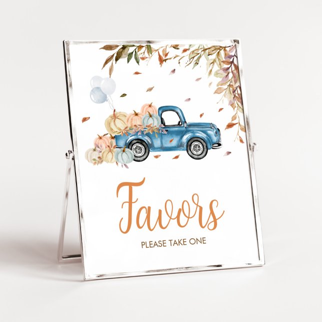 Blue Truck Pumpkin Favors Baby Shower Poster (Boy Little Pumpkin Truck Baby Shower Favors Sign)