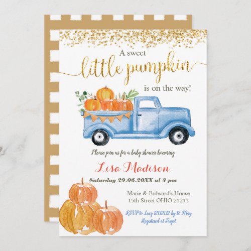 Blue Truck Pumpkin is on the way baby shower Invitation