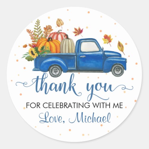 Blue Truck Pumpkin Leaves Autumn Party Thank You Classic Round Sticker