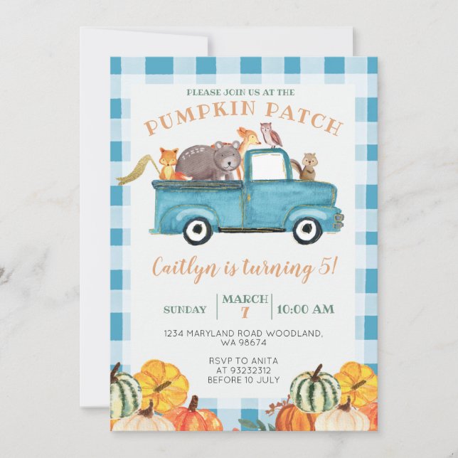 Blue Truck Pumpkin Patch Gingham Fifth Birthday Invitation (Front)
