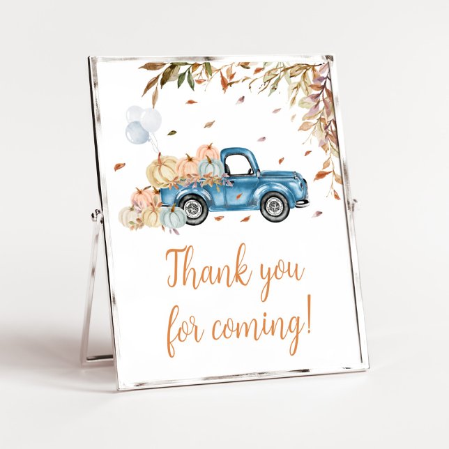 Blue Truck Pumpkin Thank you for Coming Poster (Boy Little Pumpkin Truck Baby Shower Thank you for Coming Sign)