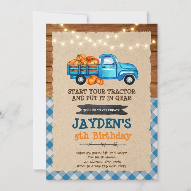 Blue truck pumpkin theme birthday shower invitation (Front)