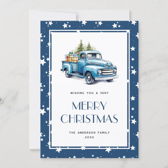 Blue Truck Snow Stars Merry Christmas Card