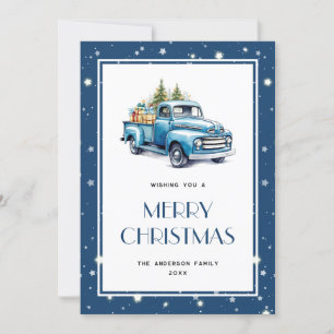 Blue Truck Tree Snow Stars Merry Christmas Card