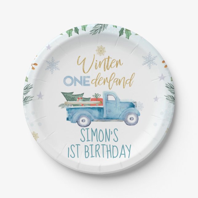 Blue Truck Winter Onederland Birthday Paper Plates (Front)