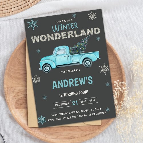 Blue truck Winter Wonderland Birthday Invitations