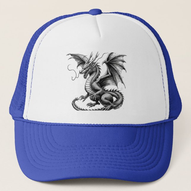 Blue Trucker Hat with Dragon Design - Black and Wh (Front)