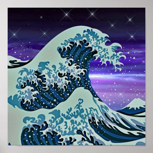 Blue Tsunami Wave Japanese Art Drawing Poster