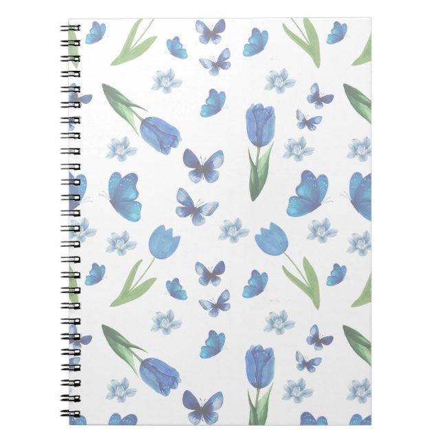 Blue Tulip and Butterfly Seamless Pattern Notebook (Front)