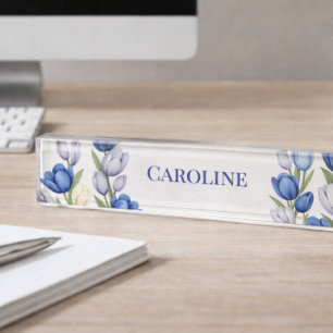 Blue Tulip Botanical Elegant Office Desk Design Name Plate