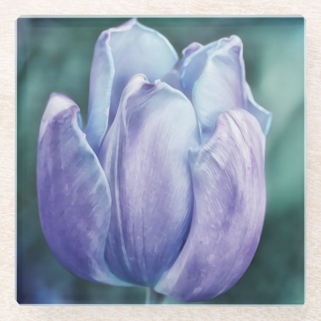 Blue Tulip Flower Art Glass Coaster (Front)