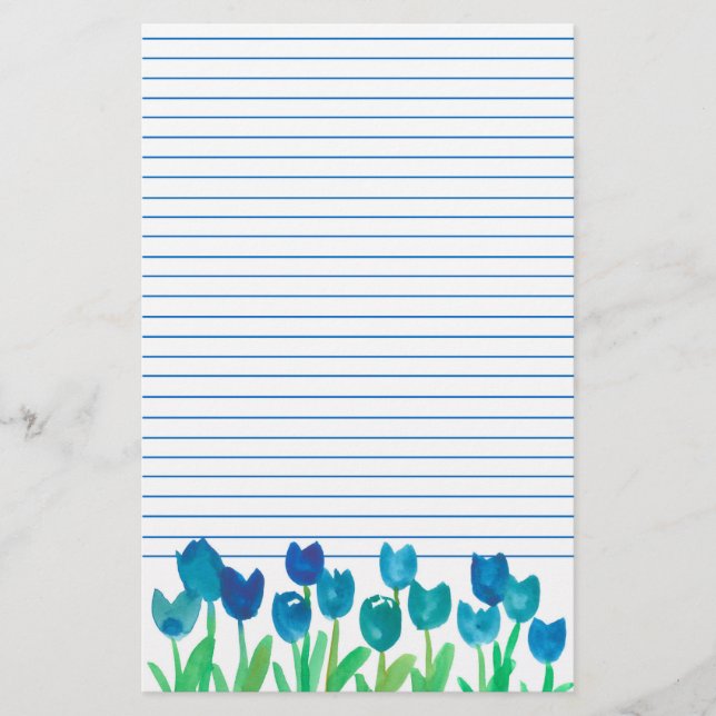 Blue Tulip Garden Watercolor Flowers Lined Stationery (Front)