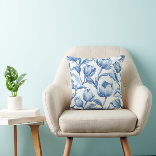 Blue Tulip vintage floral pattern Throw Pillow