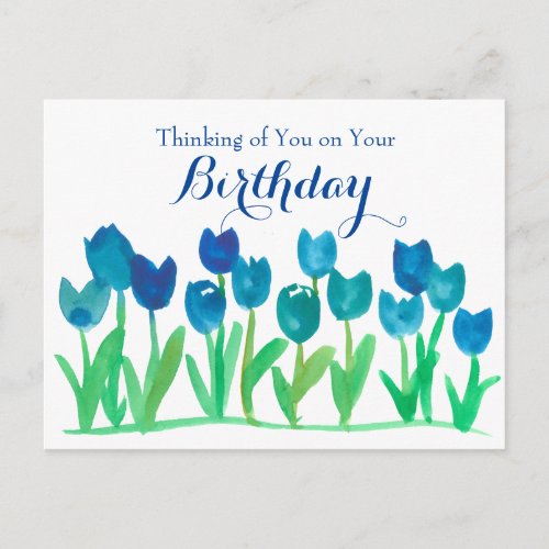 Blue Tulip Watercolor Flowers Happy Birthday Postcard