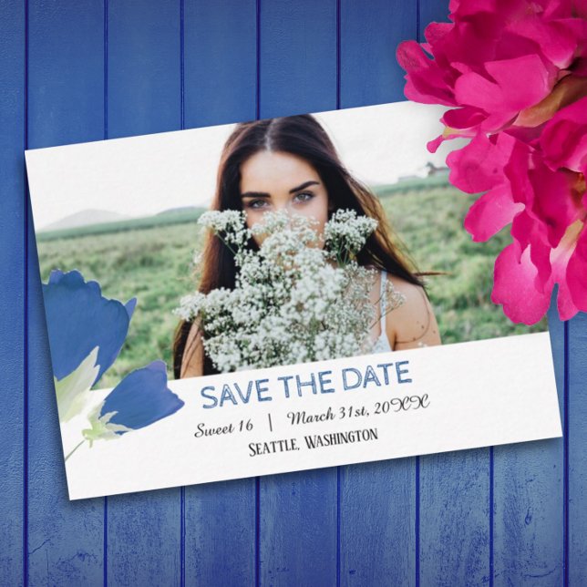 Blue Tulips, Floral Sweet 16 Save the Date Card