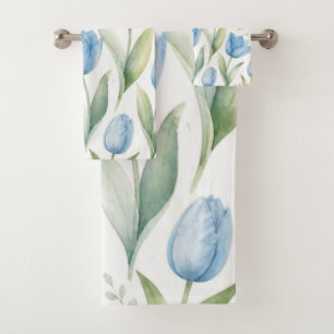Blue Tulips Watercolor Floral Painting Botanical Bath Towel Set