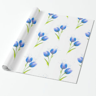 Blue Tulips Watercolor Pattern Wrapping Paper
