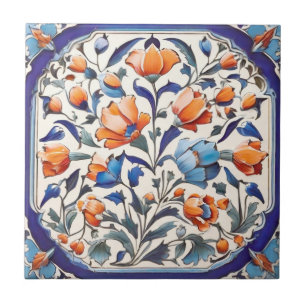Blue Turkish Floral Orange Poppies Poppy Flowers Ceramic Tile