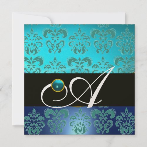 BLUE TURQUASE BLACK CHAMPAGNE DAMASK MONOGRAM INVITATION