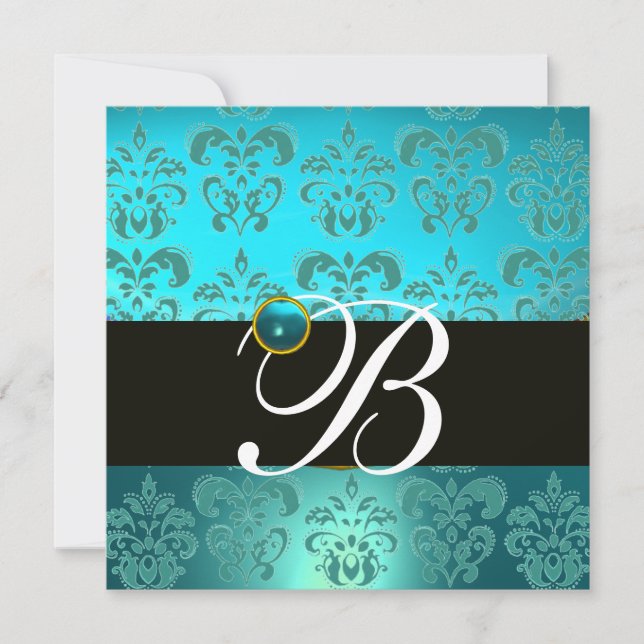 BLUE TURQUASE BLACK  DAMASK MONOGRAM , aquamarine Invitation (Front)