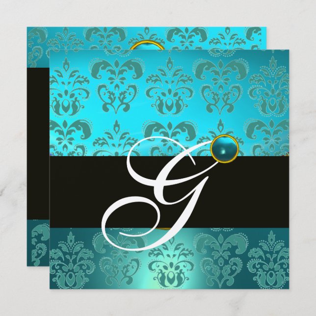 BLUE TURQUASE BLACK SILVER DAMASK MONOGRAM INVITATION (Front/Back)