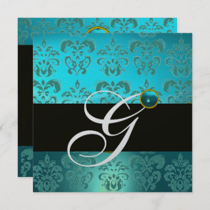 BLUE TURQUASE BLACK SILVER DAMASK MONOGRAM INVITATION