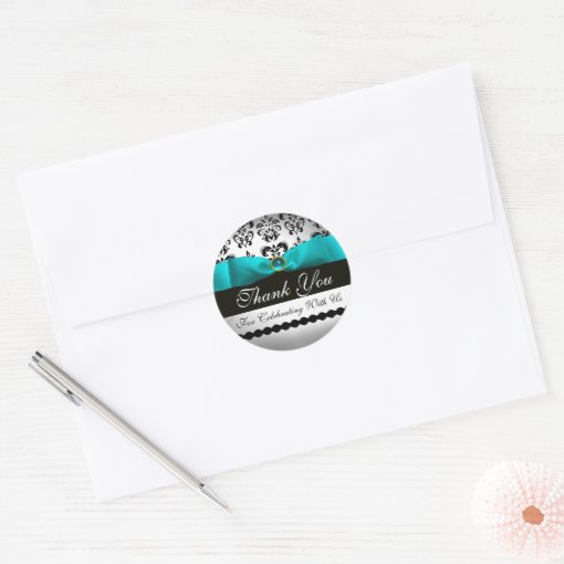 BLUE TURQUASE & WHITE DAMASK RIBBON Aquamarine Classic Round Sticker