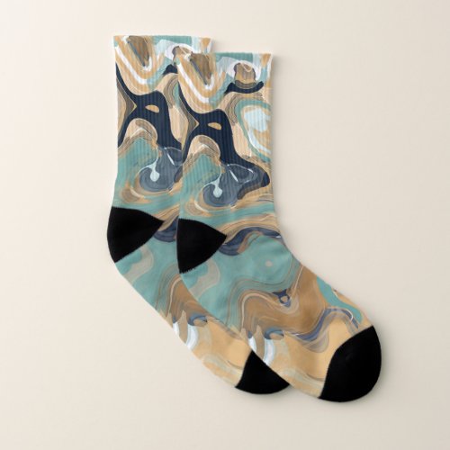 Blue Turquoise and Gold Swirled Marble Socks