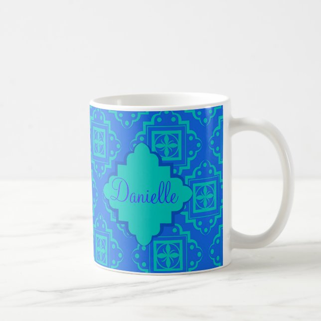 Blue & Turquoise Aqua Arabesque Moroccan Coffee Mug (Right)