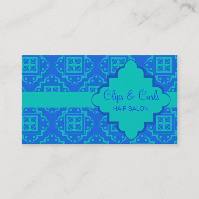 Blue & Turquoise Aqua Arabesque Moroccan Graphic Business Card (Front)