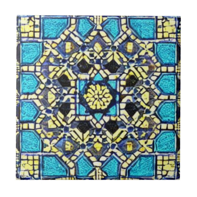Blue turquoise aqua yellow navy moroccan mosaic ceramic tile (Front)