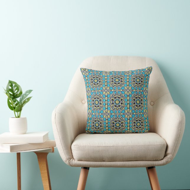 Blue turquoise aqua yellow navy moroccan mosaic throw pillow (Chair)