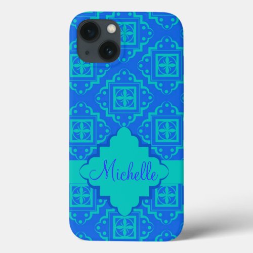 Blue  Turquoise Arabesque Moroccan Graphic iPhone 13 Case