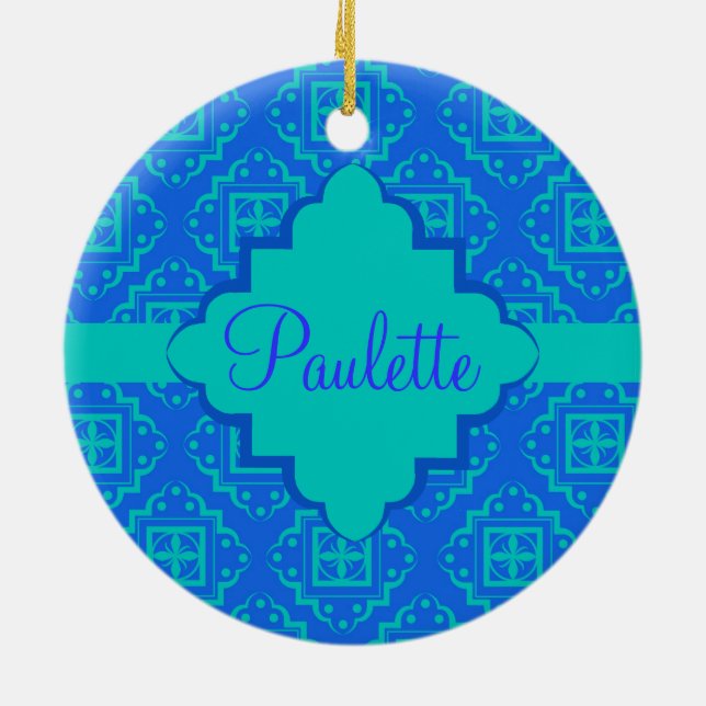Blue & Turquoise Arabesque Moroccan Graphic Ceramic Ornament (Back)