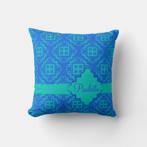 Blue  Turquoise Arabesque Moroccan Graphic Throw Pillow