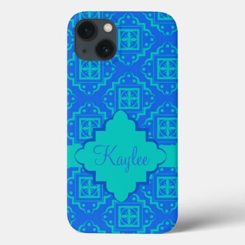 Blue Turquoise Arabesque Moroccan Name Personalize Iphone 13 Case by phyllisdobbs at Zazzle