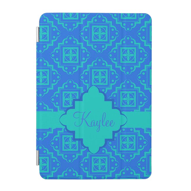 Blue Turquoise Arabesque Moroccan Name Personalize iPad Mini Cover (Front)