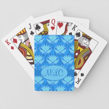 Blue Turquoise Art Nouveau Damask Monogram Playing Cards by phyllisdobbs at Zazzle