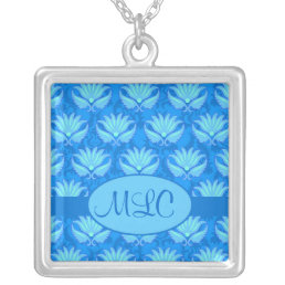 Blue Turquoise Art Nouveau Damask Monogram Silver Plated Necklace